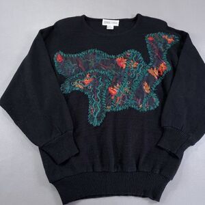 Vintage 80s Donna Toran Embroidered Sweater Womens Small Black Shoulder Pads
